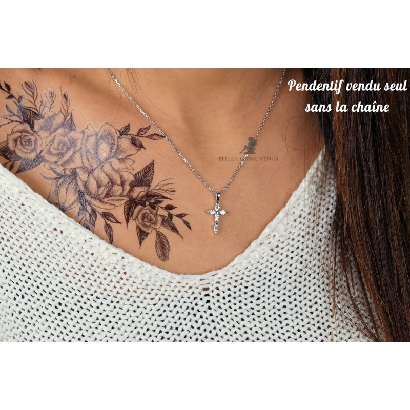 Pendentif croix sertie d'oxyde de zirconium ovale Argent 925 Rhodié