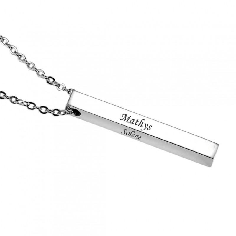 Collier barre acier prénom gravure personnalisée sur 4 faces
