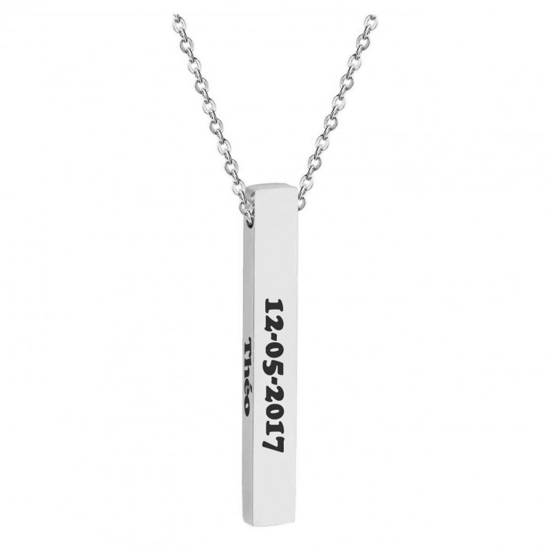 Collier barre acier prénom gravure personnalisée sur 4 faces