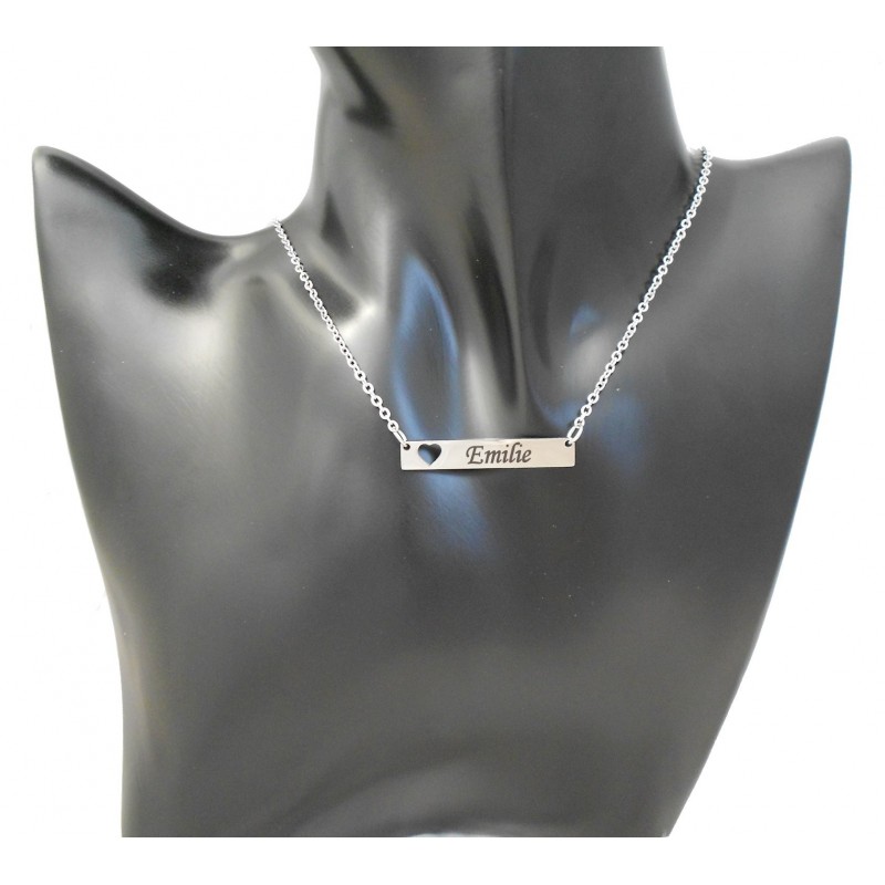 Collier coeur plaque ajourée gravure personnalisée prénom acier inoxydable poli
