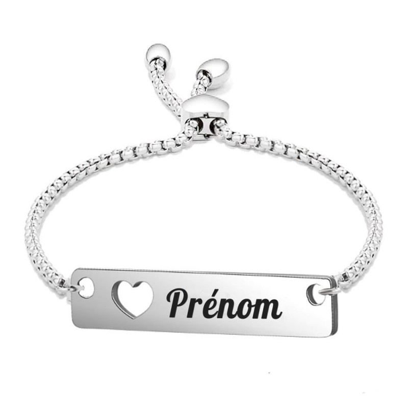Bracelet coeur plaque gravure personnalisée ajouré acier inoxydable poli