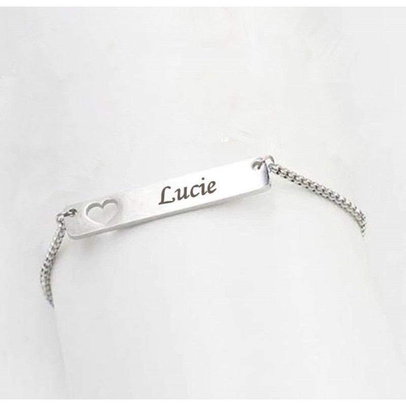 Bracelet coeur plaque gravure personnalisée ajouré acier inoxydable poli
