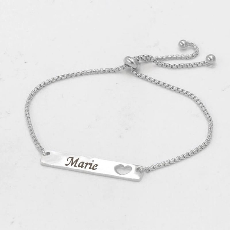 Bracelet coeur plaque gravure personnalisée ajouré acier inoxydable poli