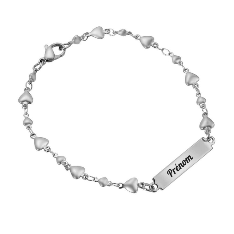 Bracelet suite de coeurs avec plaque acier prénom gravure personnalisée