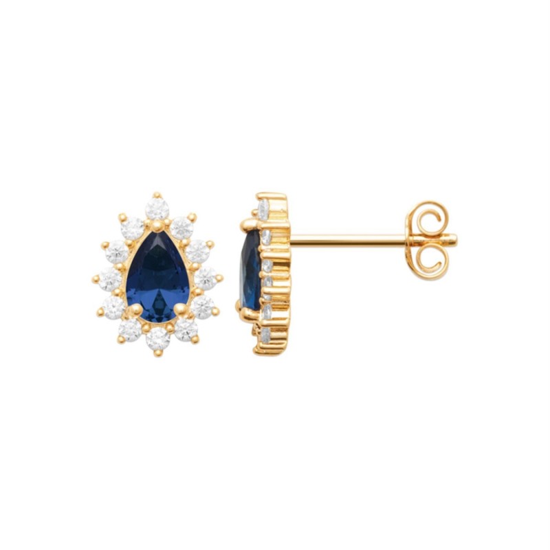 Boucles d'oreilles goutte d'oxyde de zirconium bleu style fleur Plaqué OR 750 3 microns