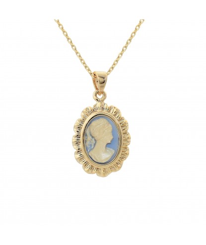 Collier médaillon camée bleu et blanc Plaqué OR 750 3 microns