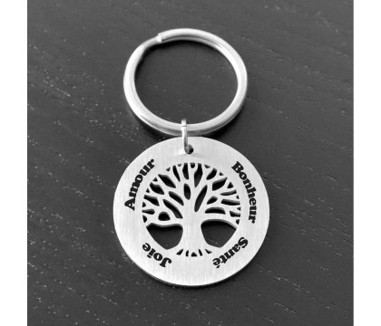 Porte-clés arbre de vie acier gravure personnalisée 4 prénoms