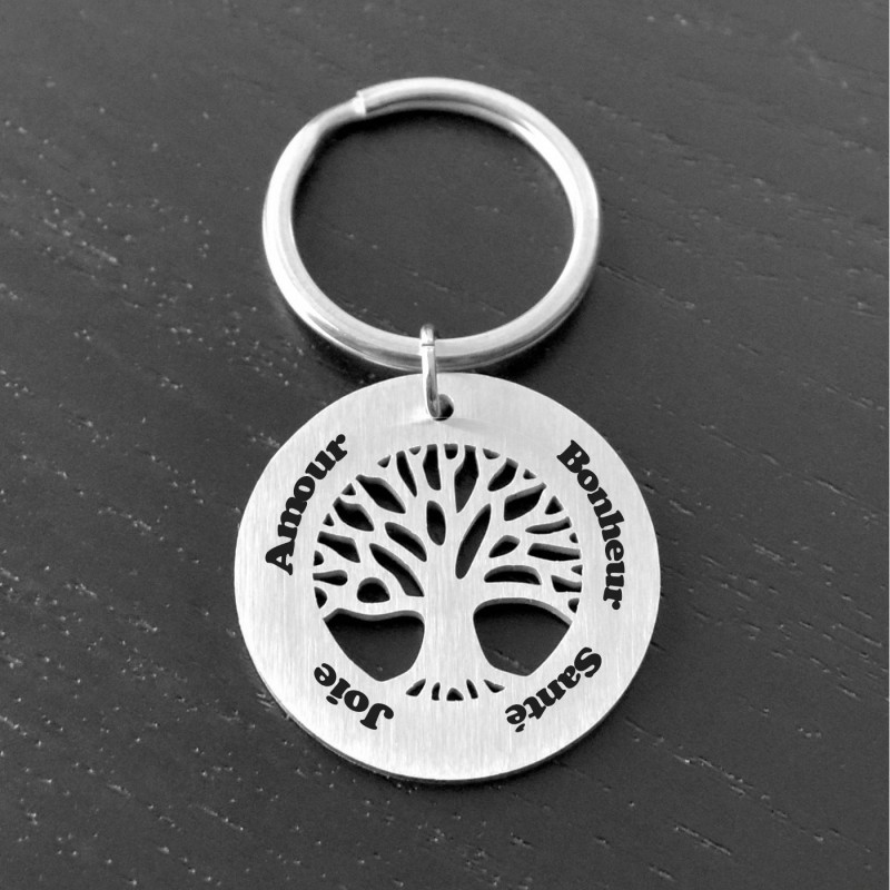 Porte-clés arbre de vie acier gravure personnalisée 4 prénoms