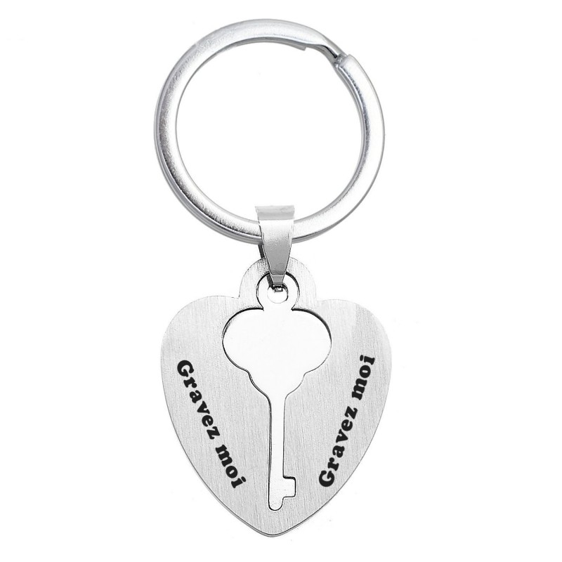 Porte-clés coeur et clé plaque amovible acier inoxydable gravure personnalisée