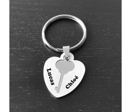 Porte-clés coeur et clé plaque amovible acier inoxydable gravure personnalisée