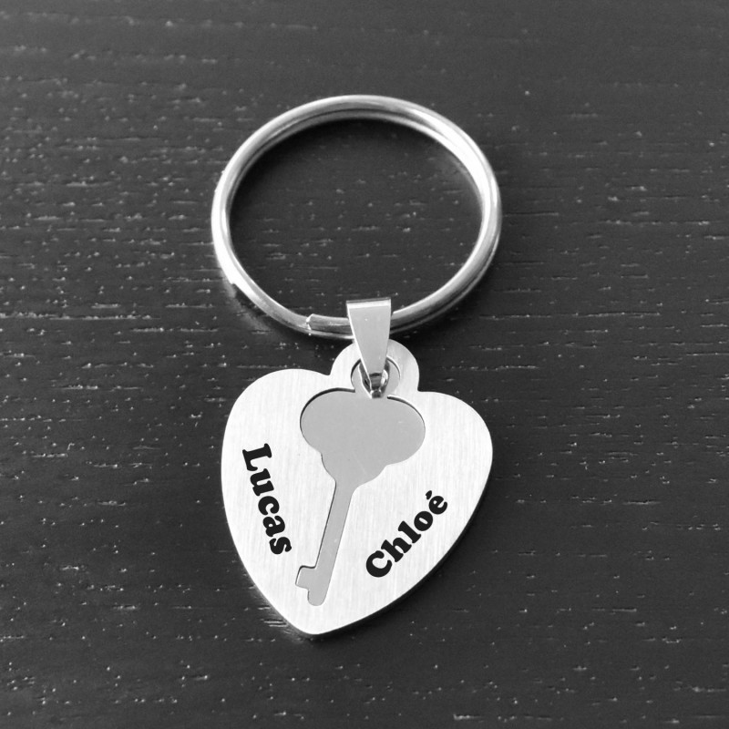 Porte-clés coeur et clé plaque amovible acier inoxydable gravure personnalisée