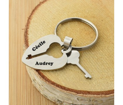 Porte-clés coeur et clé plaque amovible acier inoxydable gravure personnalisée
