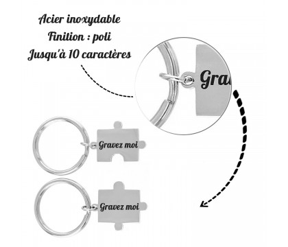 Porte-clés pièce de puzzle amitié couple lot de 2 acier gravure personnalisée