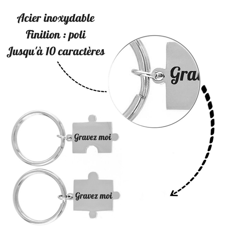 Porte-clés pièce de puzzle amitié couple lot de 2 acier gravure personnalisée