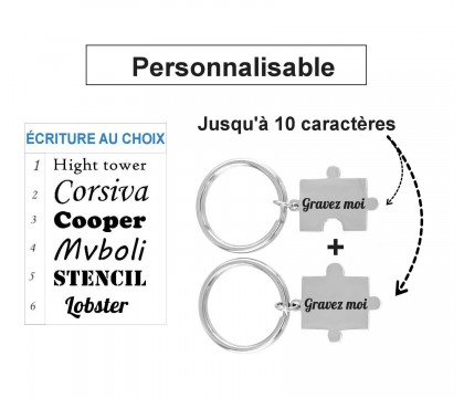 Porte-clés pièce de puzzle amitié couple lot de 2 acier gravure personnalisée