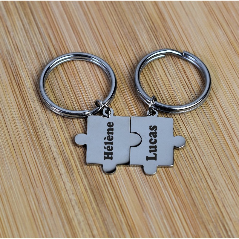Porte-clés pièce de puzzle amitié couple lot de 2 acier gravure personnalisée