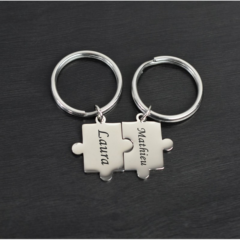 Porte-clés pièce de puzzle amitié couple lot de 2 acier gravure personnalisée