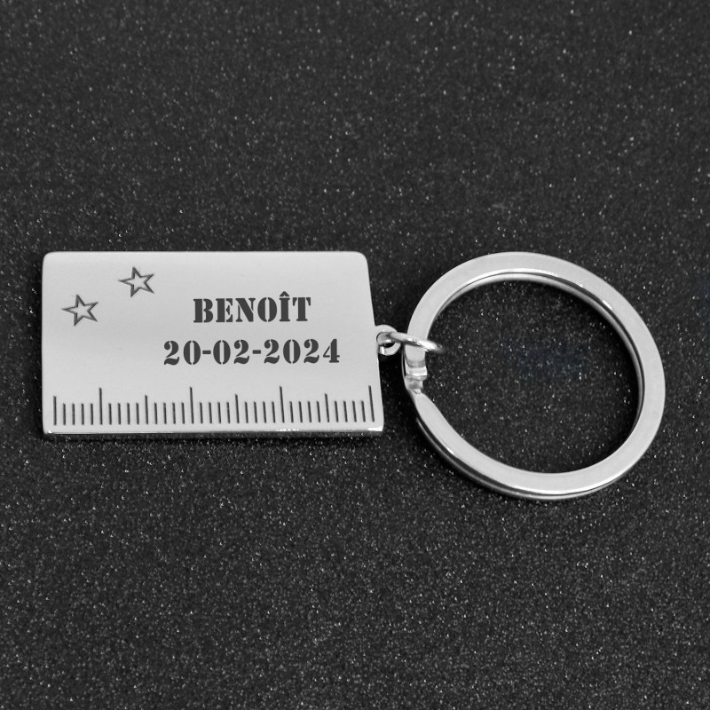 Porte-clés règle d'écolier en acier gravure personnalisée