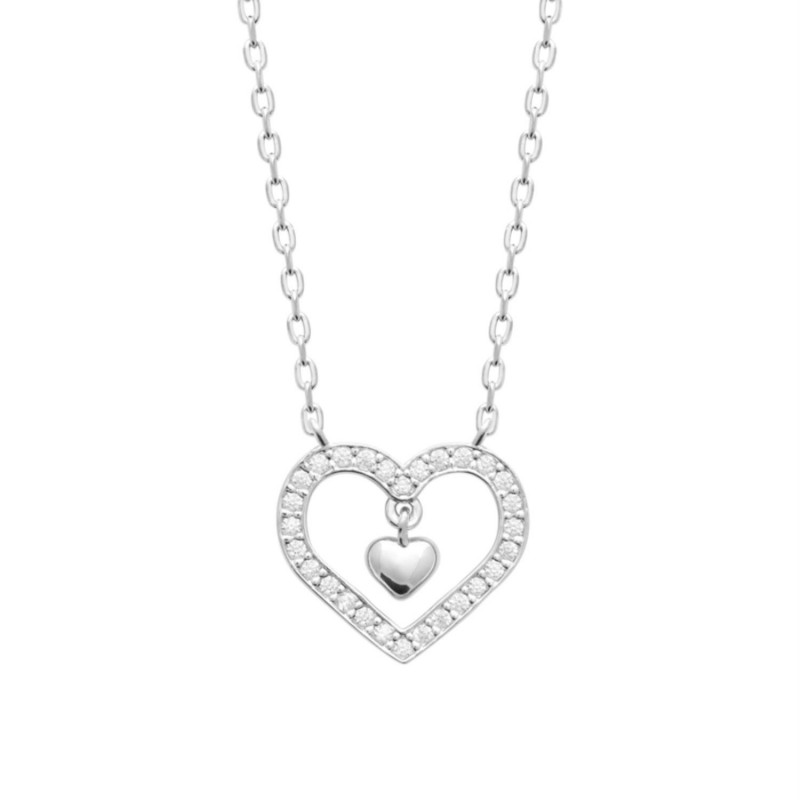 Collier coeur serti d'oxydes de zirconium et coeur pendant Argent 925 Rhodié