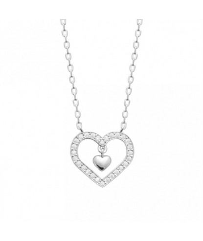 Collier coeur serti d'oxydes de zirconium et coeur pendant Argent 925 Rhodié