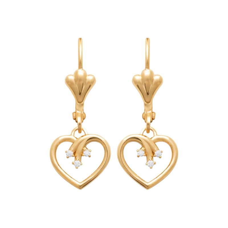 Boucles d'oreilles coeur 3 branches d'oxydes de zirconium dormeuses Plaqué OR 750 3 microns