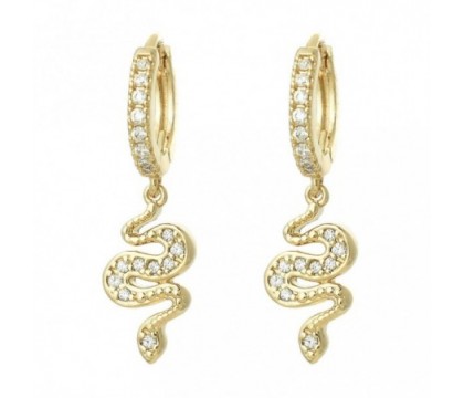 Boucles d'oreilles Mini Créoles serpent pendant serti d'oxydes de zirconium Plaqué or 750 3 microns