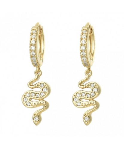 Boucles d'oreilles Mini Créoles serpent pendant serti d'oxydes de zirconium Plaqué or 750 3 microns