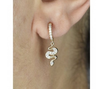 Boucles d'oreilles Mini Créoles serpent pendant serti d'oxydes de zirconium Plaqué or 750 3 microns