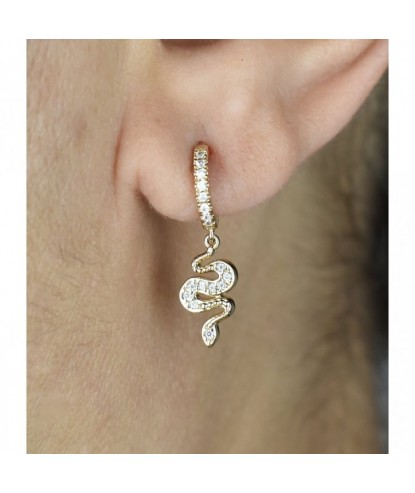 Boucles d'oreilles Mini Créoles serpent pendant serti d'oxydes de zirconium Plaqué or 750 3 microns