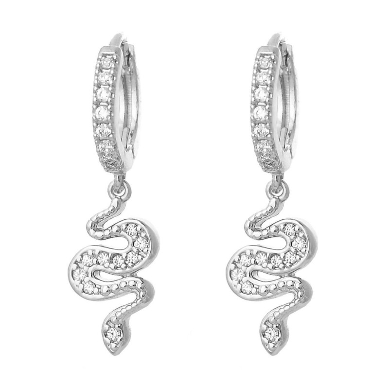 Boucles d'oreilles Mini Créoles serpent pendant serti d'oxydes de zirconium Argent 925 Rhodié Boucles d'oreilles Mini Créoles serpent pendant serti d'oxydes de zirconium Argent 925 Rhodié
