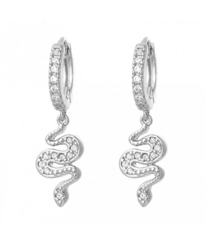 Boucles d'oreilles Mini Créoles serpent pendant serti d'oxydes de zirconium Argent 925 Rhodié