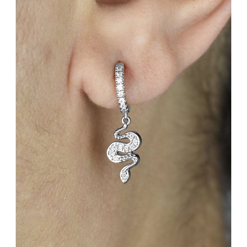 Boucles d'oreilles Mini Créoles serpent pendant serti d'oxydes de zirconium Argent 925 Rhodié Boucles d'oreilles Mini Créoles serpent pendant serti d'oxydes de zirconium Argent 925 Rhodié