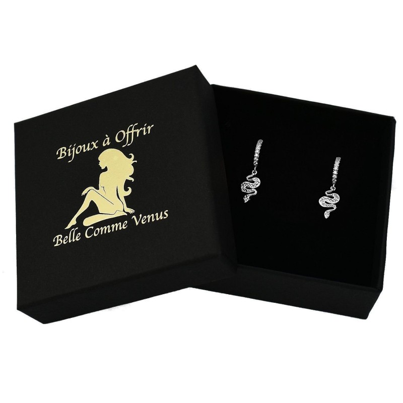 Boucles d'oreilles Mini Créoles serpent pendant serti d'oxydes de zirconium Argent 925 Rhodié Boucles d'oreilles Mini Créoles serpent pendant serti d'oxydes de zirconium Argent 925 Rhodié