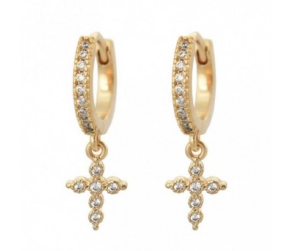 Boucles d'oreilles Mini Créoles croix oxyde de zirconium pendante Plaqué or 750 3 microns