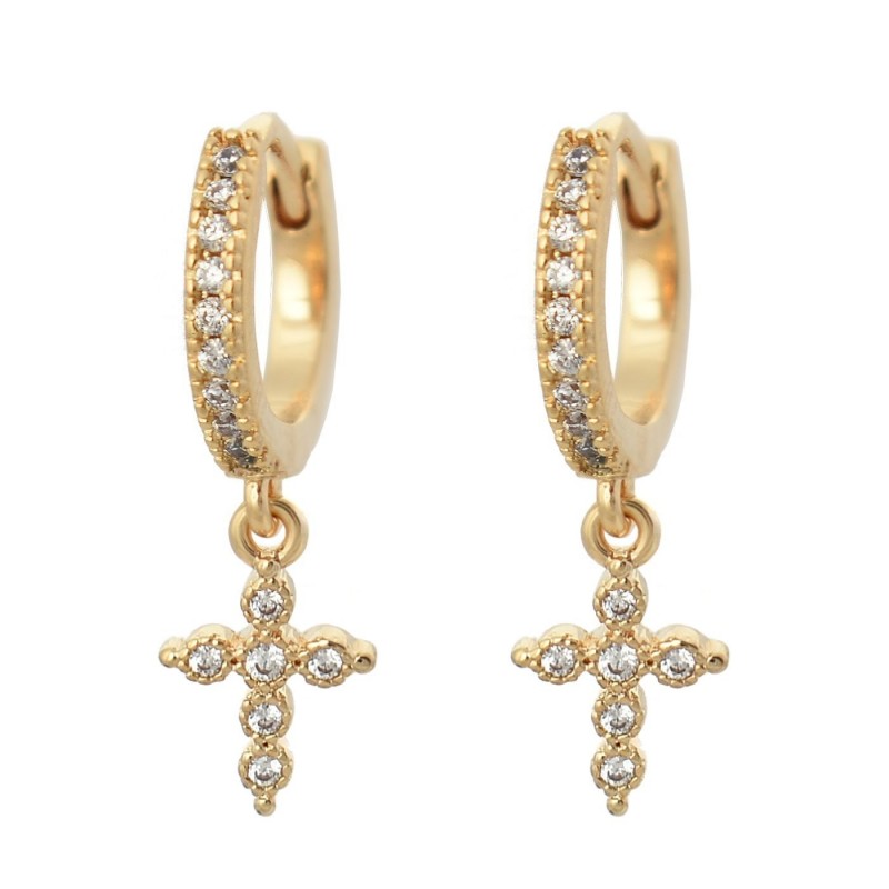 Boucles d'oreilles Mini Créoles croix oxyde de zirconium pendante Plaqué or 750 3 microns Boucles d'oreilles Mini Créoles croix oxyde de zirconium pendante Plaqué or 750 3 microns