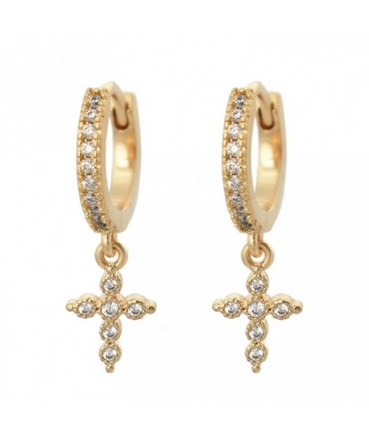 Boucles d'oreilles Mini Créoles croix oxyde de zirconium pendante Plaqué or 750 3 microns
