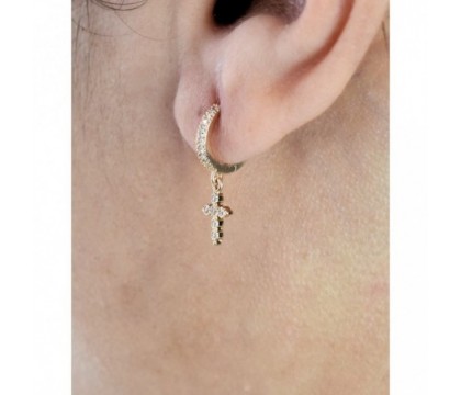 Boucles d'oreilles Mini Créoles croix oxyde de zirconium pendante Plaqué or 750 3 microns