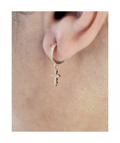 Boucles d'oreilles Mini Créoles croix oxyde de zirconium pendante Plaqué or 750 3 microns