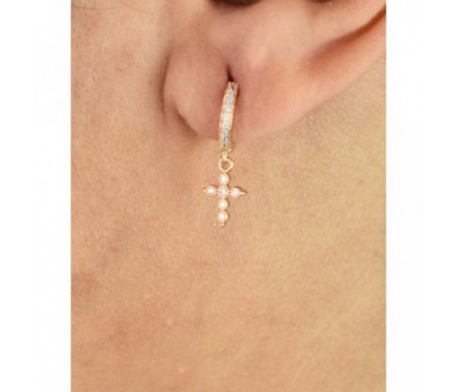 Boucles d'oreilles Mini Créoles croix oxyde de zirconium pendante Plaqué or 750 3 microns Boucles d'oreilles Mini Créoles croix oxyde de zirconium pendante Plaqué or 750 3 microns