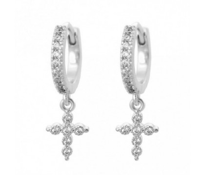 Boucles d'oreilles Mini Créoles croix oxyde de zirconium pendante Argent 925 Rhodié