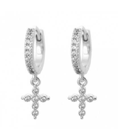 Boucles d'oreilles Mini Créoles croix oxyde de zirconium pendante Argent 925 Rhodié