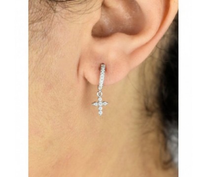Boucles d'oreilles Mini Créoles croix oxyde de zirconium pendante Argent 925 Rhodié