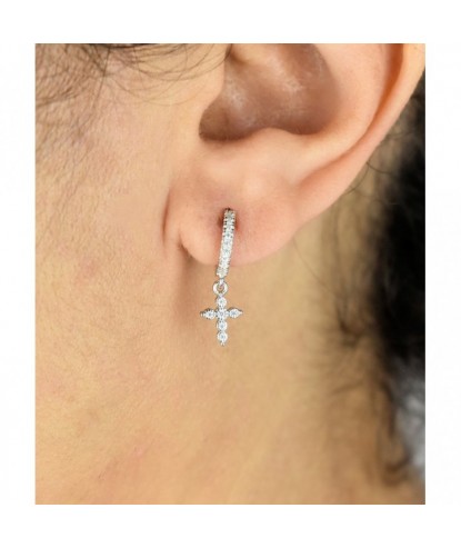 Boucles d'oreilles Mini Créoles croix oxyde de zirconium pendante Argent 925 Rhodié