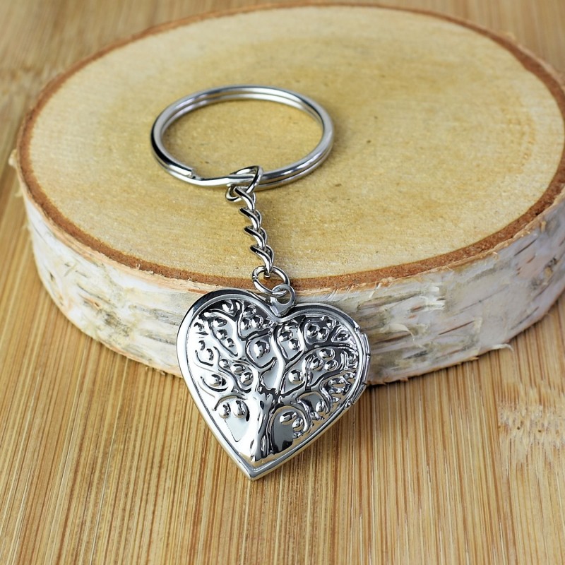 Porte-clés médaillon photo coeur arbre de vie te amo acier