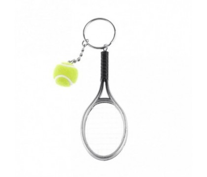 Porte-clés raquette fil de nylon et balle de tennis verte argenté