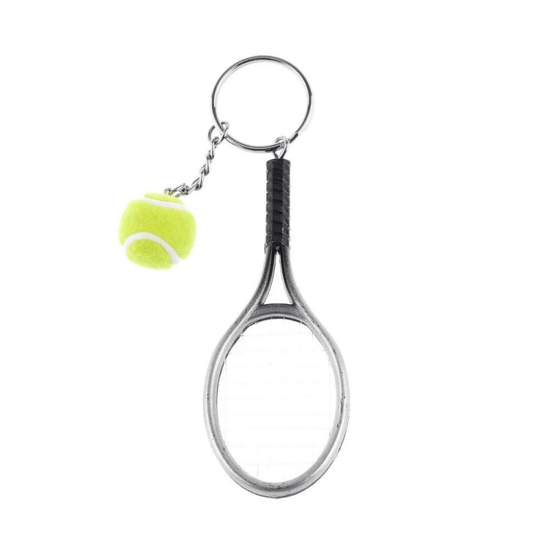 Porte-clés raquette fil de nylon et balle de tennis verte argenté Porte-clés raquette fil de nylon et balle de tennis verte argenté