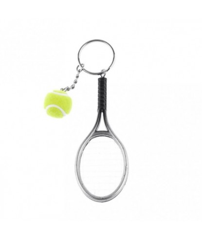 Porte-clés raquette fil de nylon et balle de tennis verte argenté