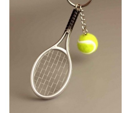 Porte-clés raquette fil de nylon et balle de tennis verte argenté