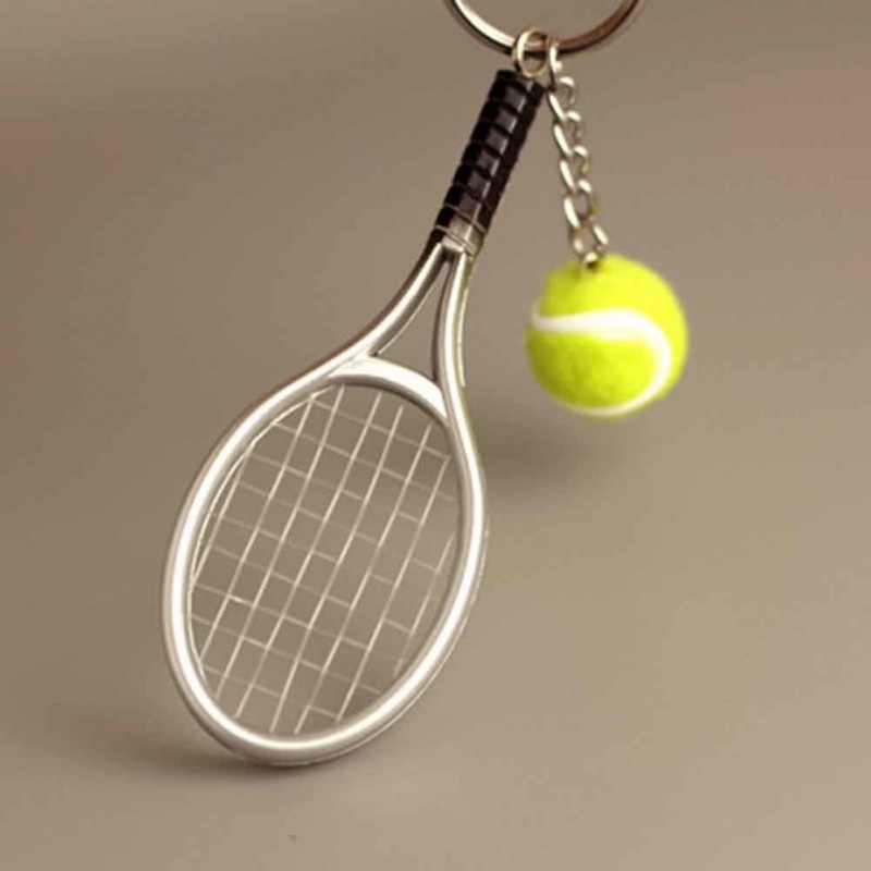 Porte-clés raquette fil de nylon et balle de tennis verte argenté Porte-clés raquette fil de nylon et balle de tennis verte argenté