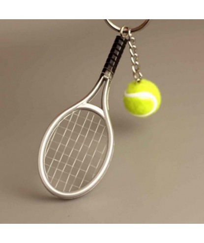 Porte-clés raquette fil de nylon et balle de tennis verte argenté